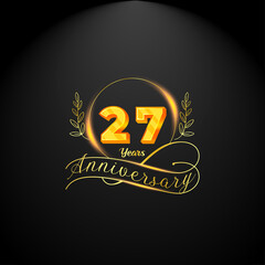 Elegant golden 27 years anniversary logo template. luxury retro vintage style. vector illustration