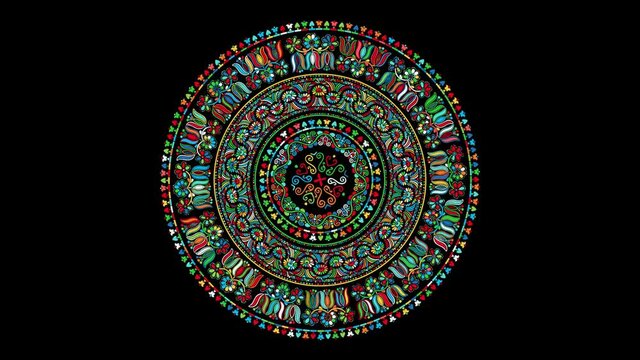 Decorative rotating icon with traditional Hungarian embroidery symbols. Seamless loop over black background.