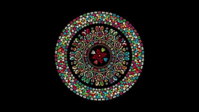 Decorative rotating icon with traditional Hungarian embroidery symbols. Seamless loop over black background.