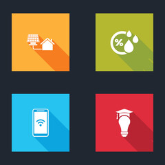 Set House with solar panel, Humidity, Mobile wi-fi wireless and Light bulb and graduation cap icon. Vector