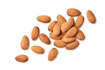 Flat lay (top view) of Almond nuts on white background.
