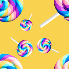 Pattern of lollipops on a yellow background
