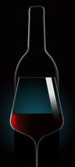 Red wine in a wine glass is seen in dramatic lighting in front of an unopened wine bottle. This is a 3-D illustration.