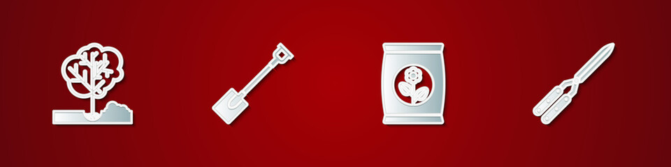 Set Planting tree in the ground, Garden shovel, Fertilizer bag and Gardening handmade scissor icon. Vector
