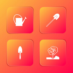 Set Watering can, Garden shovel, trowel spade or and Planting tree the ground icon. Vector