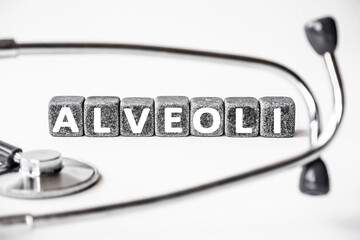 Stone block form word ALVEOLI with stethoscope. White background. Medical concept. Tiny air sacs in...