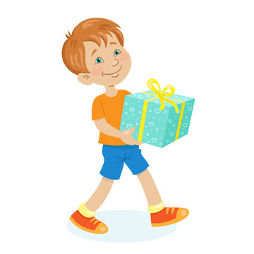 Funny boy walks with a large gift box in his hands. In cartoon style. Isolated on white background. Vector flat illustration.
