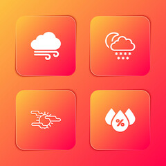 Set Windy weather, Cloud with snow and moon, Fog sun and Water drop percentage icon. Vector