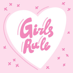 Girls Rule. Hand drawn blue calligraphy girly lettering banner on orange background. Good for tee, poster, card, sticker, advertisement