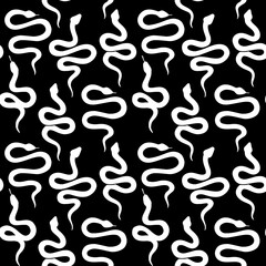 Snake seamless pattern. Vector serpent background silhouettes. Black and white wild animal print. Isolated hand drawn snakes repeat pattern. Fashion magic print with cobra, python.