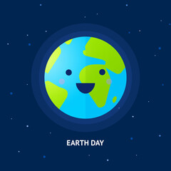 Flat vector illustration of cute smiling planet with night starry sky background. Earth Day banner
