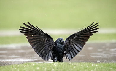 Crow flying from a pool of water, close up