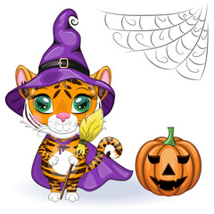 Cute cartoon tiger with beautiful eyes, orange in a purple cloak and witch's hat, with a broom and pumpkins. Halloween 2022