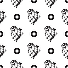 Seamless black and white pattern with flowers and monograms in Simple style. Good for garments, textiles, backgrounds and prints. Vector illustration.