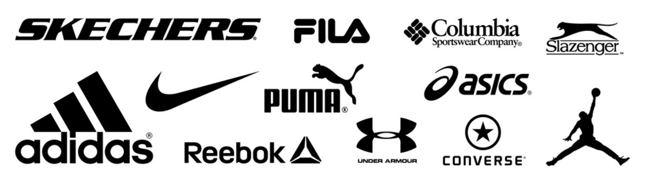 Adidas, Nike, Reebok, Asics, Jordan, Puma, Under Armour, Fila, Columbia,  Skechers, Converse - logos of sports equipment and sportswear company.  Kyiv, Ukraine - April 11, 2021 Stock Vector | Adobe Stock