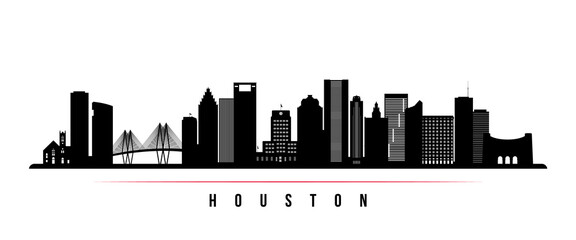 Houston skyline horizontal banner. Black and white silhouette of Houston, Texas. Vector template for your design.