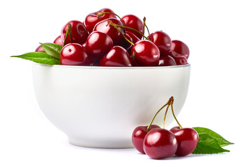white caeramic bowl of sweet cherry fruits isolated on white background