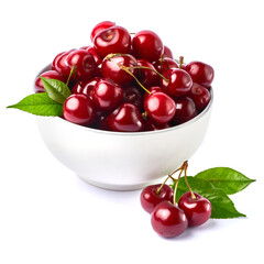 white caeramic bowl of sweet cherry fruits isolated on white background