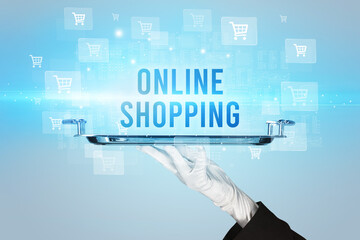 Waiter serving online shopping concept