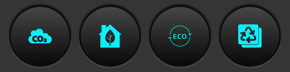 Set CO2 emissions in cloud, Eco friendly house, Label for eco healthy food and Recycle icon. Vector