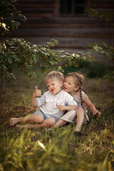 Funny twins boy and girl in country - 427034396