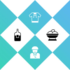 Set Bottle of vodka, Ukrainian cossack, Embroidered shirt and Varenyky bowl icon. Vector