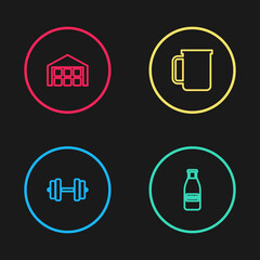 Set line Dumbbell, Glass bottle milk and cap, Coffee cup and Warehouse icon. Vector