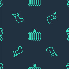 Set line Heating radiator, Christmas sock and Industrial hook on seamless pattern. Vector
