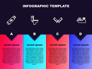 Set line USB flash drive, Toilet bowl, Crossed meat chopper and Cargo ship. Business infographic template. Vector