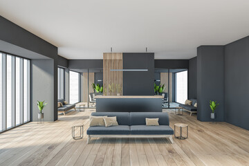 Dark modern minimalist office room interior with cozy grey couch