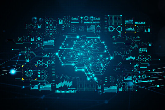 Digital hud with graph and network data symbols, global market