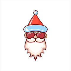 Santa Claus head with Santa red hat and hipster sunglasses isolated on white Christmas background. Santa label or sticker design