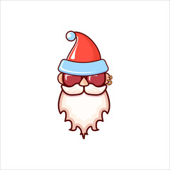 Santa Claus head with Santa red hat and hipster sunglasses isolated on white Christmas background. Santa label or sticker design