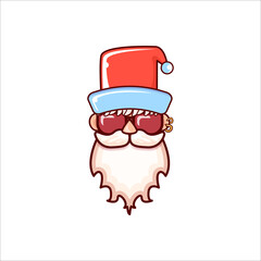 Santa Claus head with Santa red hat and hipster sunglasses isolated on white Christmas background. Santa label or sticker design