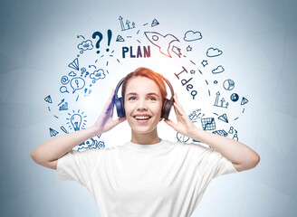 Young woman with headphones, plan sketch with media icons