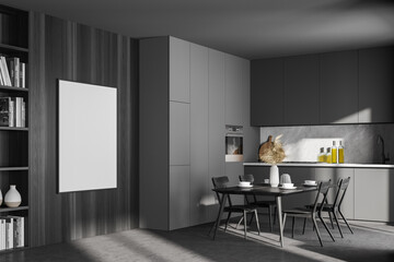 Dark contemporary kitchen room interior with dining table and poster