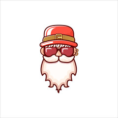 Santa Claus head with Santa red hat and hipster sunglasses isolated on white Christmas background. Santa label or sticker design