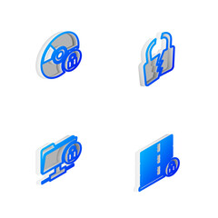 Set Isometric line Broken or cracked lock, CD DVD disk with, FTP folder and and Server security icon. Vector