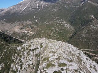 Aerial view Of historical kougi mountains and agia paraskevi church of souli In epirus, greece