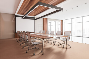 Conference room interior with furniture and projection screen, panoramic windows