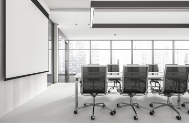 Conference room interior with furniture and projection screen, panoramic windows