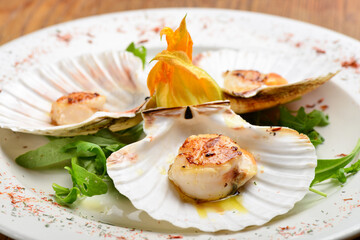Grilled scallops on the plate with salad