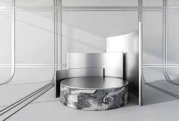 Silver podium and marble bottom for product display, mockup