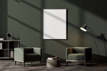 Dark living room interior with empty poster and two armchairs