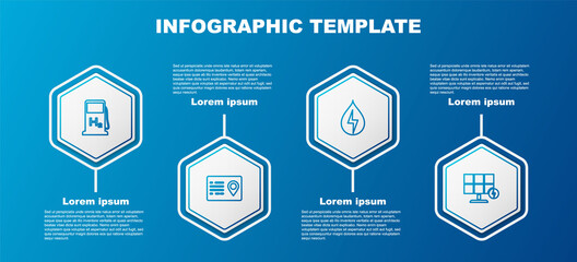 Set line Hydrogen filling station, Address book, Water energy and Solar panel. Business infographic template. Vector