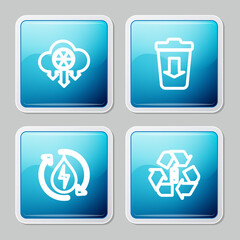 Set line Acid rain and radioactive cloud, Send to the trash, Recycle clean aqua and Battery with recycle icon. Vector