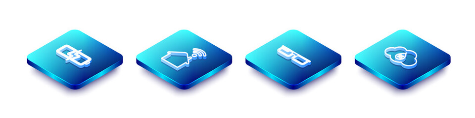 Set Isometric line Battery, Smart home with wi-fi, glasses and Humidity icon. Vector