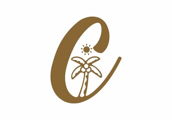 Brown color of C initial letter with coconut tree and sun