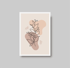 Botanical wall art abstract vector. Foliage line drawing. Neutral boho art print. Minimal mid century wall art print for bedroom decor. Gallery decor poster, terracota watercolor. Vector poster