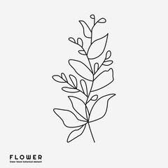 Flower icon on white background, isolated. Floral sign for luxury minimalistic boho design. No fill and thin outlines, plant symbol, garden and greenery with stem. Flower sketch vector illustration